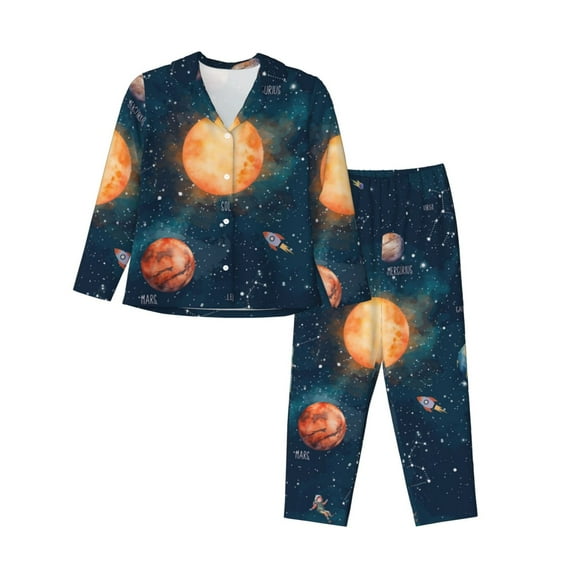 Haiem Solar System And Planets Pattern Women’s Long-sleeve Sleepwear,Sleepwear Set,2-piece Loungewear Set,Soft PJs Comfy Nightwear with Pockets-X-Large