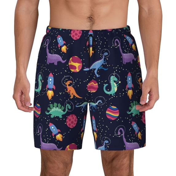 Haiem Space Dinosaur Mens Swim Trunks with Compression Liner 2 in 1 Swimming Shorts Stretch Swimwear Quick Dry,Board Shorts-3X-Large