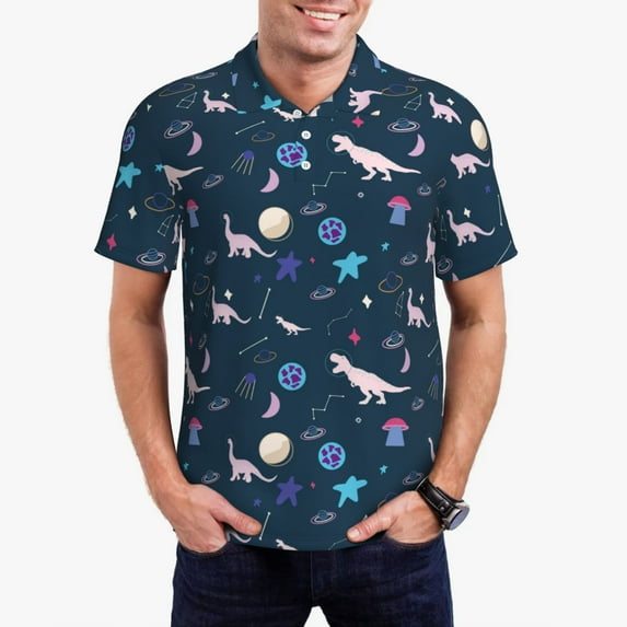 Haiem Space Dinosaur Pattern Mens Polo Shirts Quick Dry Short Sleeve Golf T Shirt Performance Moisture Wicking Casual Workout-Medium