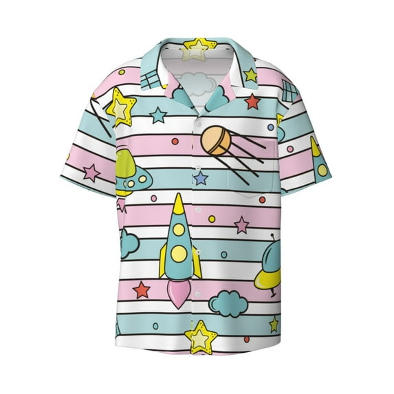 Haiem Space Doodle Men's Casual Shirts Short Sleeve Button Down Shirts Fashion Textured Summer Beach Shirt-XX-Large