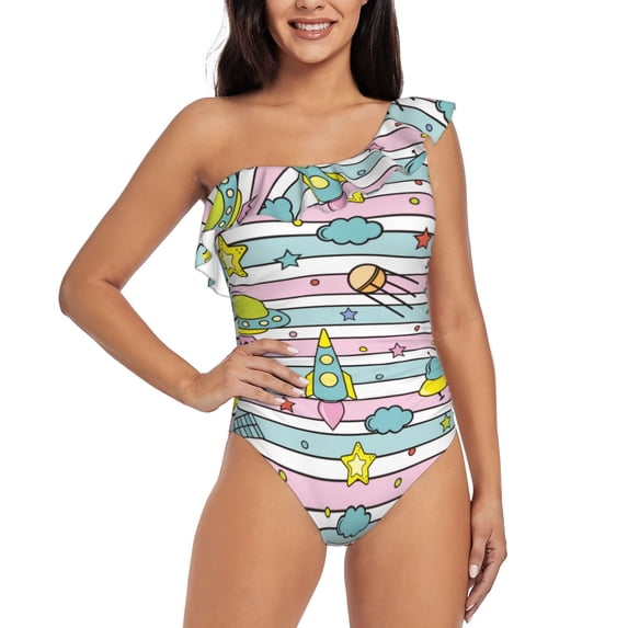 Haiem Space Doodle Women's One Piece Swimsuits Tummy Control One Shoulder Bathing Suits Ruffle Swimwear-Large