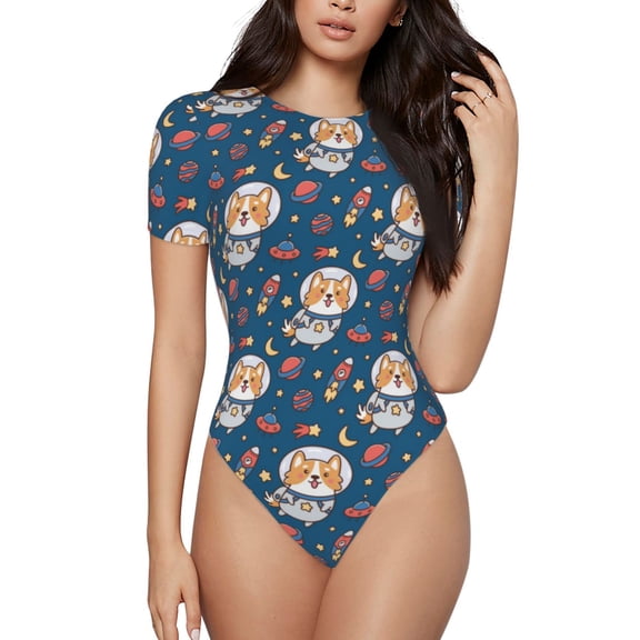 Haiem Space Puppy Women's Crew Neck Short Sleeve Bodysuit Tops Stretchy Slim Basic-Small