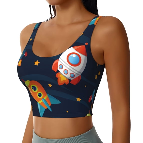 Haiem Spaceships and Stars Pattern Womens Sports Bra - U Neck Padded Low Impact Yoga Bra Workout Crop Top Gym Moisture-Wicking Workout Vest -Medium