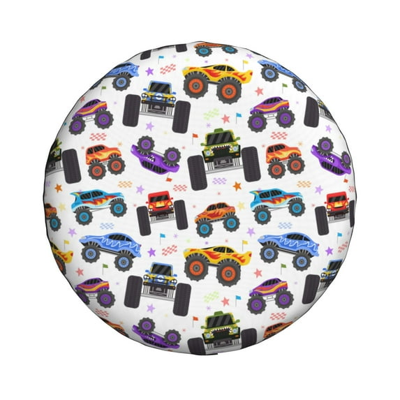 Haiem Spare Tire Cover , Wheel Cover with Cartoon Monster Trucks1 printed, Camper Spare Tire Cover Fit for Jeep Wrangler Rv SUV Truck Travel Trailer-17 inch