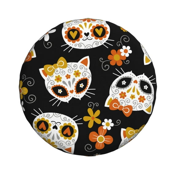 Haiem Spare Tire Cover , Wheel Cover with Cat Skulls and Flowers printed, Camper Spare Tire Cover Fit for Jeep Wrangler Rv SUV Truck Travel Trailer-16 inch