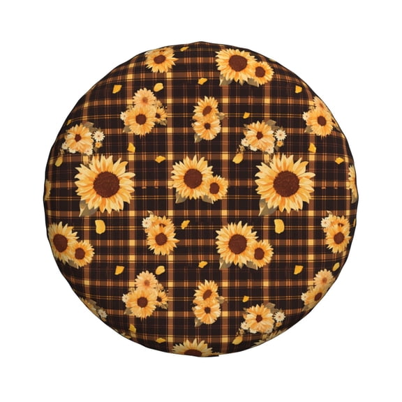 Haiem Spare Tire Cover , Wheel Cover with Brown Plaid Sunflower printed, Camper Spare Tire Cover Fit for Jeep Wrangler Rv SUV Truck Travel Trailer-16 inch