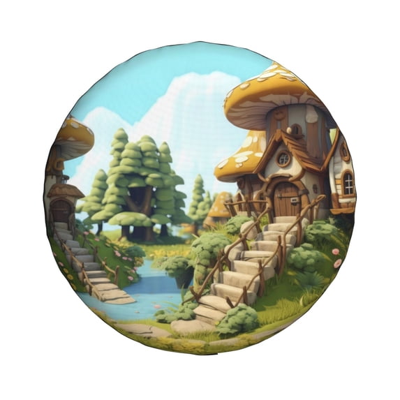 Haiem Spare Tire Cover , Wheel Cover with Cartoon Mushroom House printed, Camper Spare Tire Cover Fit for Jeep Wrangler Rv SUV Truck Travel Trailer-17 inch