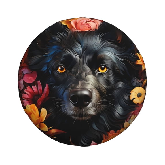 Haiem Spare Tire Cover , Wheel Cover with Colorful Floral Black Dog printed, Camper Spare Tire Cover Fit for Jeep Wrangler Rv SUV Truck Travel Trailer-14 inch