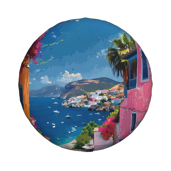 Haiem Spare Tire Cover , Wheel Cover with Colorful Mediterranean Village printed, Camper Spare Tire Cover Fit for Jeep Wrangler Rv SUV Truck Travel Trailer-15 inch