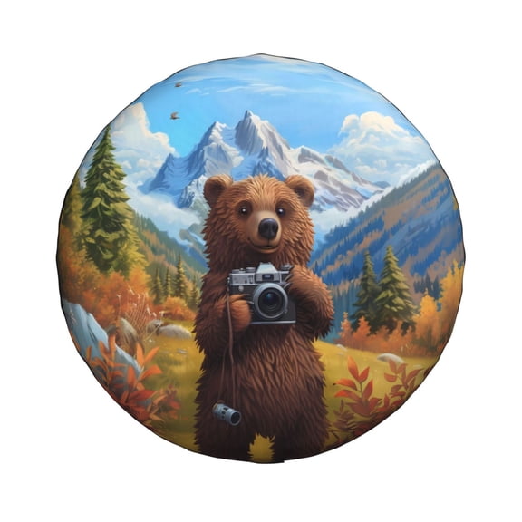 Haiem Spare Tire Cover , Wheel Cover with Snowy Mountain Photography Bear printed, Camper Spare Tire Cover Fit for Jeep Wrangler Rv SUV Truck Travel Trailer-17 inch