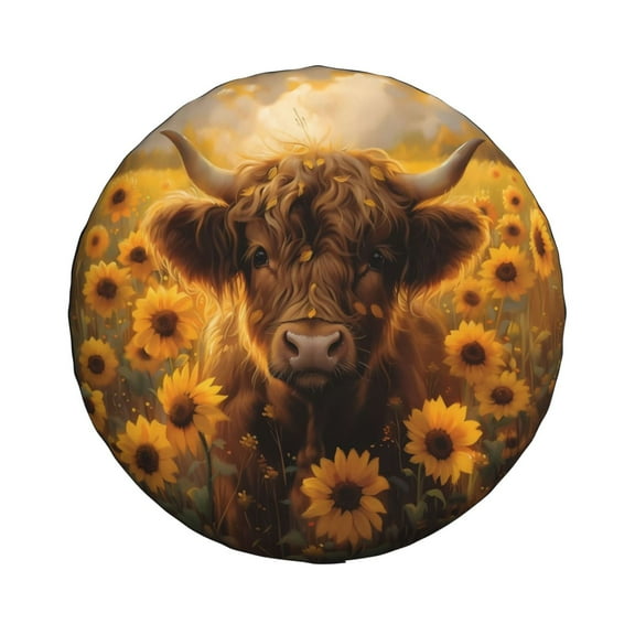 Haiem Spare Tire Cover , Wheel Cover with Cute Cow Sunflower Field printed, Camper Spare Tire Cover Fit for Jeep Wrangler Rv SUV Truck Travel Trailer-14 inch