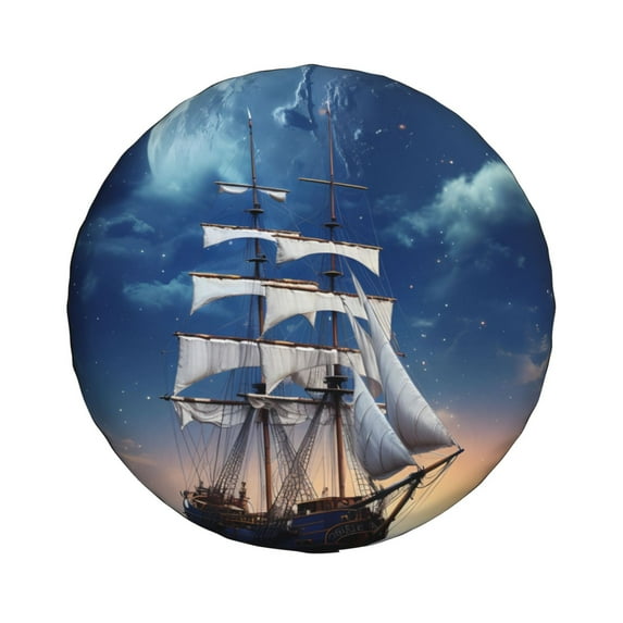 Haiem Spare Tire Cover , Wheel Cover with Moonlit Night Sea Sailboat printed, Camper Spare Tire Cover Fit for Jeep Wrangler Rv SUV Truck Travel Trailer-16 inch
