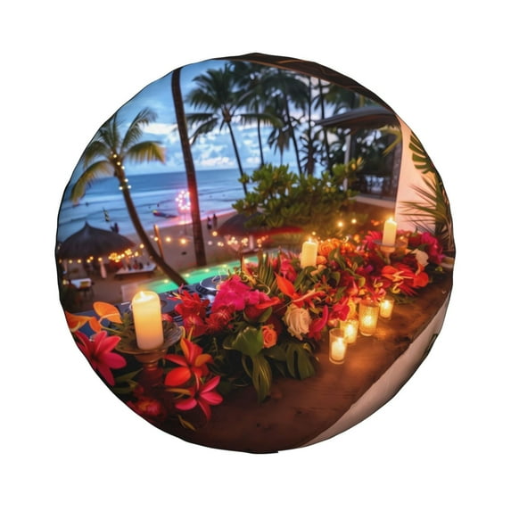 Haiem Spare Tire Cover , Wheel Cover with Tropical Beach Candlelight printed, Camper Spare Tire Cover Fit for Jeep Wrangler Rv SUV Truck Travel Trailer-15 inch