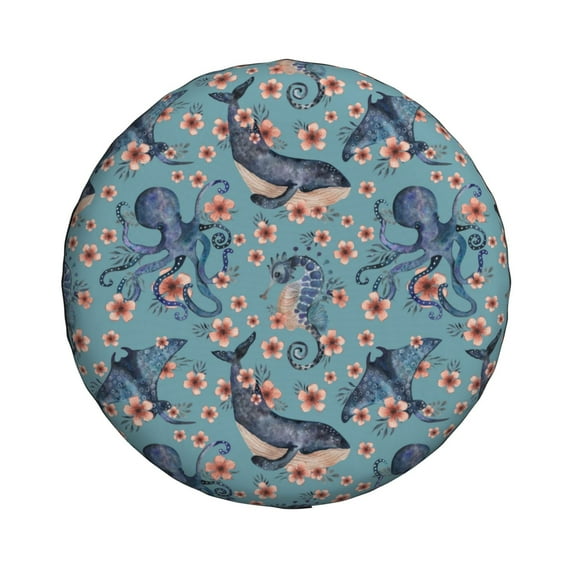 Haiem Spare Tire Cover , Wheel Cover with Underwater Animals and Flowers printed, Camper Spare Tire Cover Fit for Jeep Wrangler Rv SUV Truck Travel Trailer-15 inch