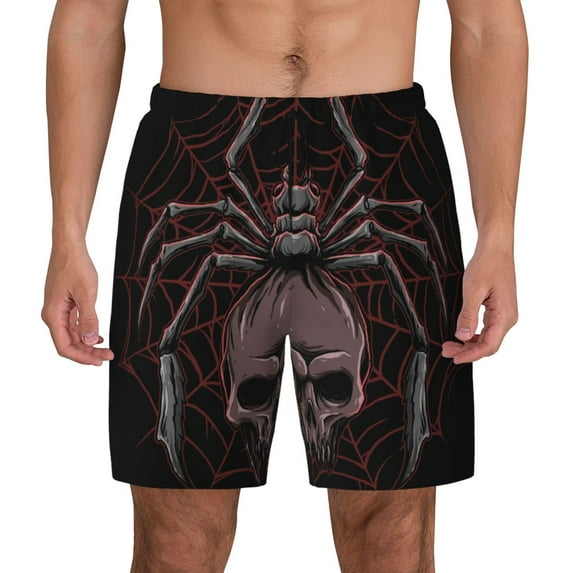 Haiem Spider with Skull Mens Swim Trunks with Compression Liner 2 in 1 Swimming Shorts Stretch Swimwear Quick Dry,Board Shorts-X-Large