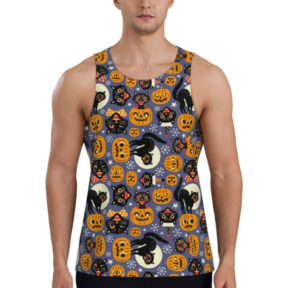 Haiem Spooky Cats And Halloween Pumpkins Men Workout Tank Top Gym Bodybuilding Sleeveless Muscle T Shirts Athletic Tank Breathable Workout Shirt-Medium