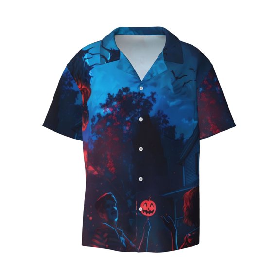Haiem Spooky Halloween Night Scene Men's Casual Shirts Short Sleeve Button Down Shirts Fashion Textured Summer Beach Shirt-4X-Large