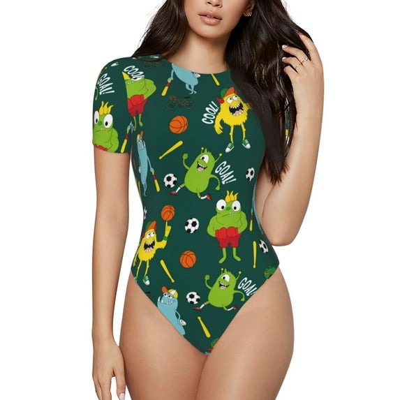 Haiem Sport Monster Women's Crew Neck Short Sleeve Bodysuit Tops Stretchy Slim Basic-Medium