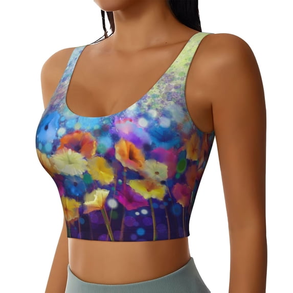 Haiem Spring Flower Seasonal Pattern Womens Sports Bra - U Neck Padded Low Impact Yoga Bra Workout Crop Top Gym Moisture-Wicking Workout Vest -Small