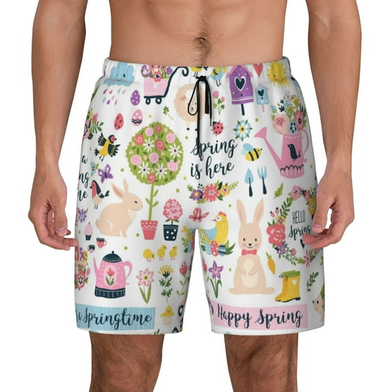 Haiem Spring Flowers Birds Mens Swim Trunks with Compression Liner 2 in 1 Swimming Shorts Stretch Swimwear Quick Dry,Board Shorts-Medium