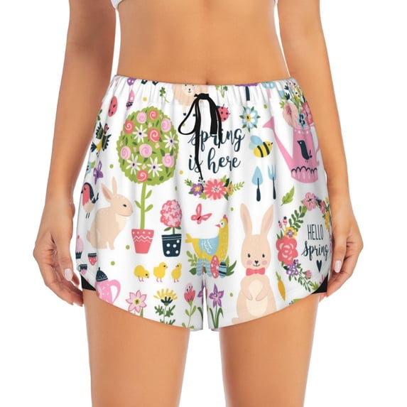 Haiem Spring Flowers Birds Women's 2 in 1 Running Shorts - Lightweight Athletic Workout Gym Yoga Breathable Sports Shorts Liner with Phone Pockets-XX-Large