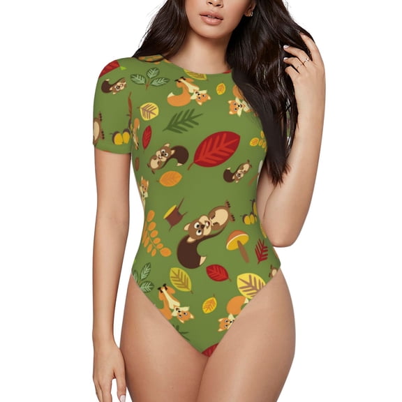 Haiem Squirrel And Fox In The Forest Women's Crew Neck Short Sleeve Bodysuit Tops Stretchy Slim Basic-Medium