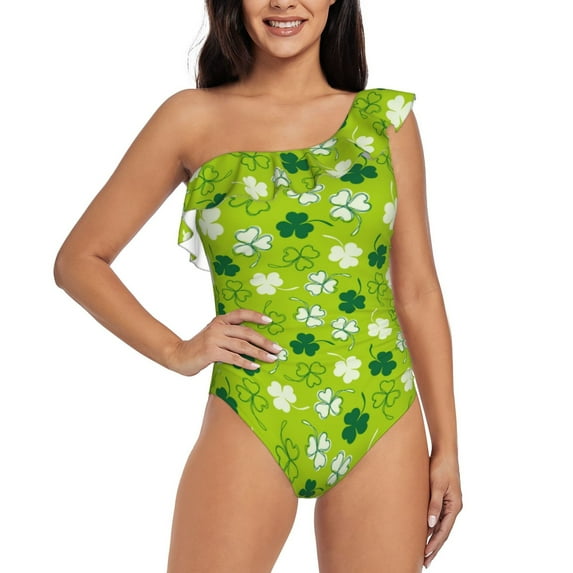 Haiem St Patrick's Day7 Women's One Piece Swimsuits Tummy Control One Shoulder Bathing Suits Ruffle Swimwear-Medium