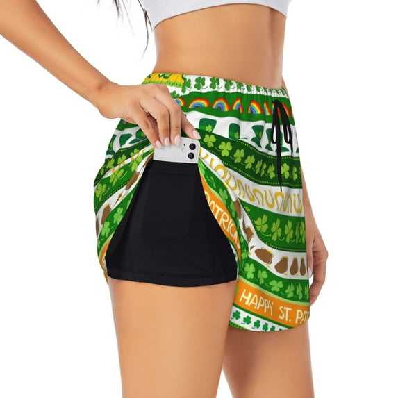 Haiem St. Patrick's day in green colors Pattern Women's 2 in 1 Running Shorts - Lightweight Athletic Workout Gym Yoga Breathable Sports Shorts Liner with Phone Pockets-Small