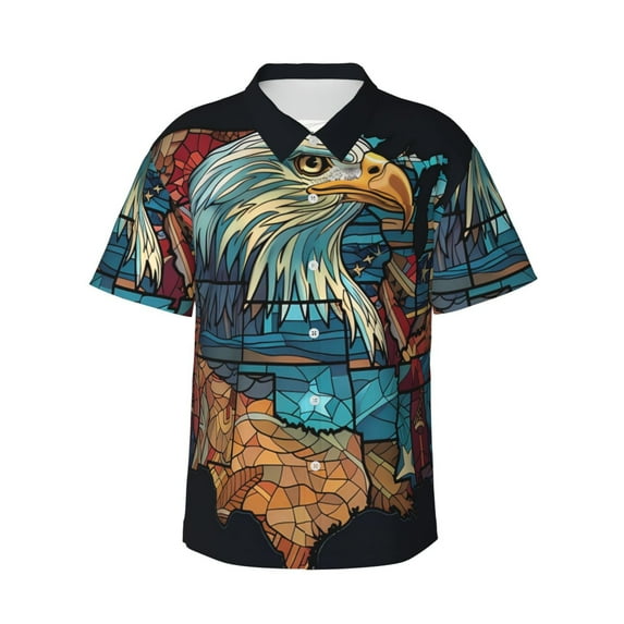 Haiem Stained Glass Eagle USA Printed Hawaiian Shirt for Men - Men’s Casual Beach Summer Shirts - Stretch Fabric with Modern Fit-Small