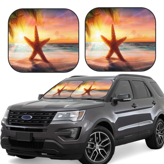 Haiem Starfish Sunset Sea Beach Windshield Sun Shade: Universal Foldable 2-Piece Car Front Window Sunshade - Blocks Uv Rays, And Reduces Heat,Essential Car Accessory Large