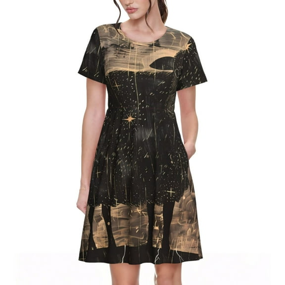 Haiem Starry Night Black Sheep Pattern Women's Short-Sleeve Scoop Neck Swing Dress