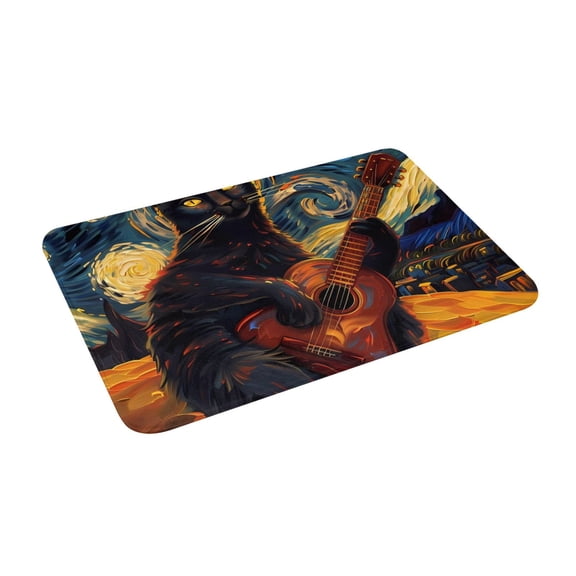 Haiem Starry Night Cat Guitarist Front Door Mat Indoor Outdoor Entrance, Waterproof All-Season, All-Weather Doormat, Durable Flannel Fabric, Fade Resistant, Low Profile, 16x24in