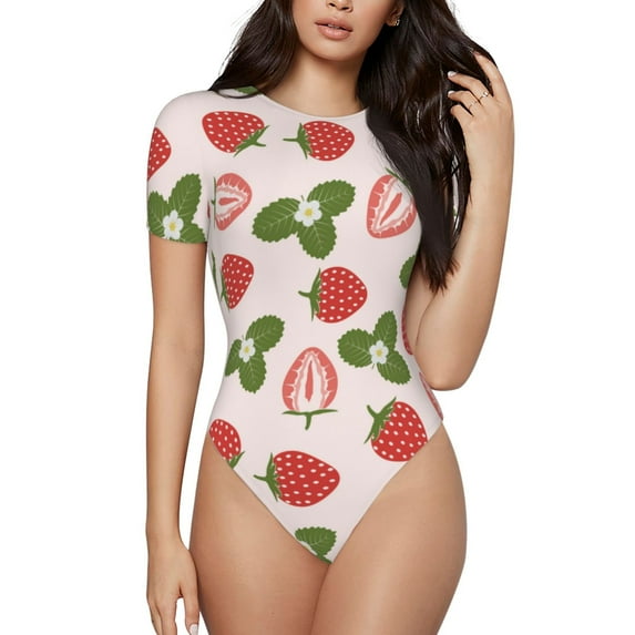 Haiem Strawberries And Leaf Women's Crew Neck Short Sleeve Bodysuit Tops Stretchy Slim Basic-X-Large