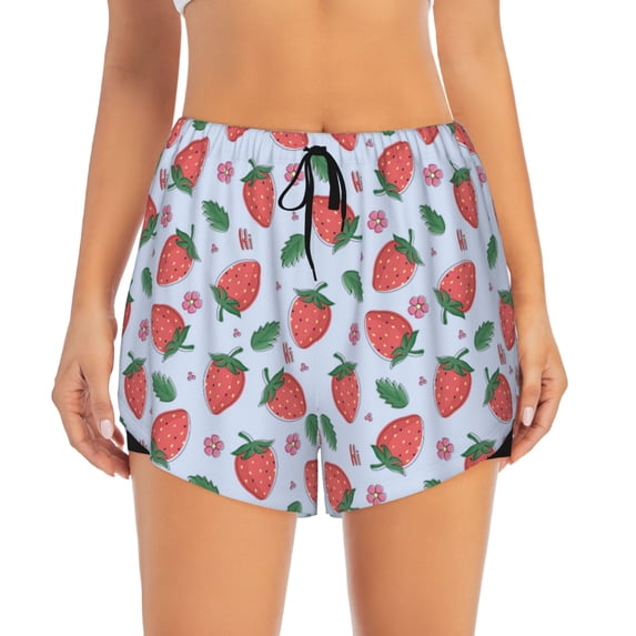 Haiem Strawberries Women's 2 in 1 Running Shorts - Lightweight Athletic Workout Gym Yoga Breathable Sports Shorts Liner with Phone Pockets-Medium