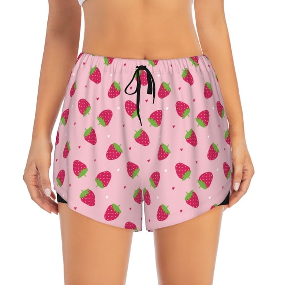 Haiem Strawberries Women's 2 in 1 Running Shorts - Lightweight Athletic Workout Gym Yoga Breathable Sports Shorts Liner with Phone Pockets-X-Large