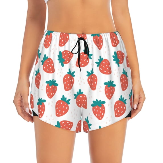 Haiem Strawberries Women's 2 in 1 Running Shorts - Lightweight Athletic Workout Gym Yoga Breathable Sports Shorts Liner with Phone Pockets-