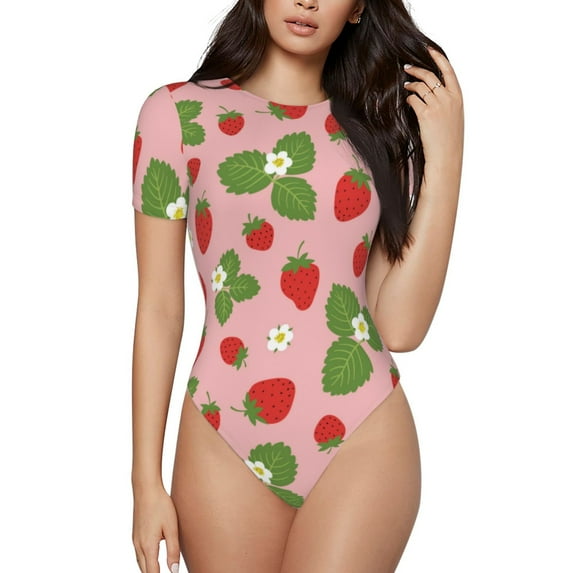 Haiem Strawberries Women's Crew Neck Short Sleeve Bodysuit Tops Stretchy Slim Basic-X-Large