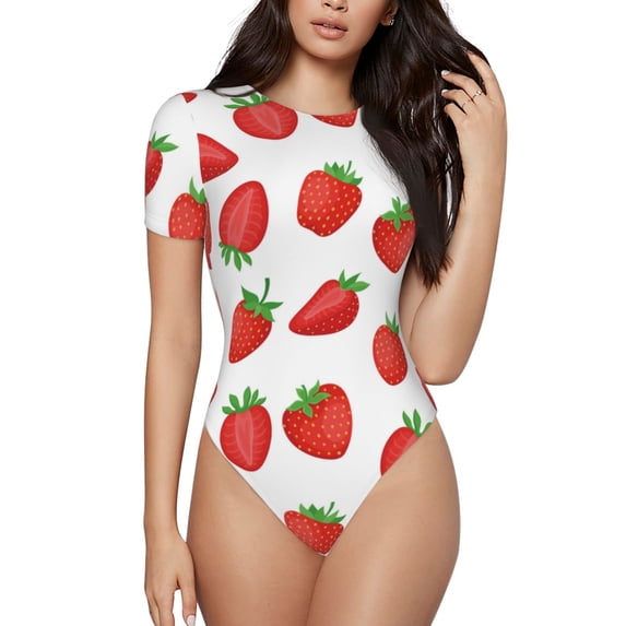 Haiem Strawberries Women's Crew Neck Short Sleeve Bodysuit Tops Stretchy Slim Basic-XX-Large