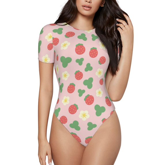 Haiem Strawberry And Flowers Women's Crew Neck Short Sleeve Bodysuit Tops Stretchy Slim Basic-X-Large