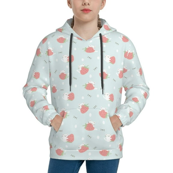 Haiem Strawberry Pattern Boys Hoodie, Youth Pullover Hooded Sweatshirt, Kangaroo Pocket Hoodie for Kids Girls -Medium