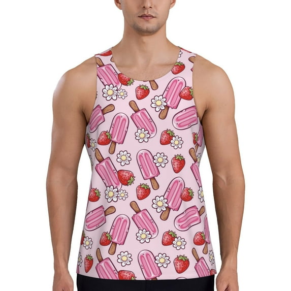 Haiem Strawberry Popsicle Men Workout Tank Top Gym Bodybuilding Sleeveless Muscle T Shirts Athletic Tank Breathable Workout Shirt-4X-Large