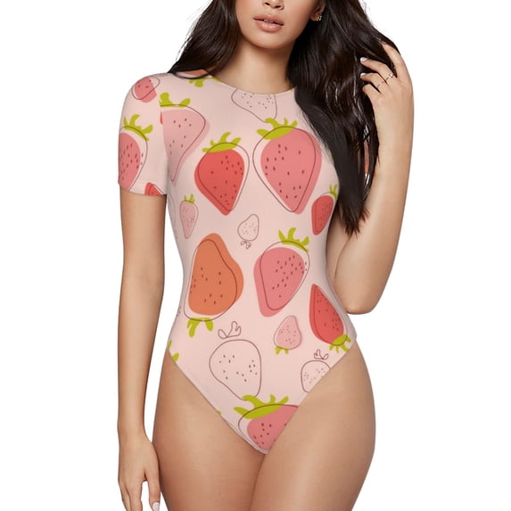 Haiem Strawberry Women's Crew Neck Short Sleeve Bodysuit Tops Stretchy Slim Basic-Large