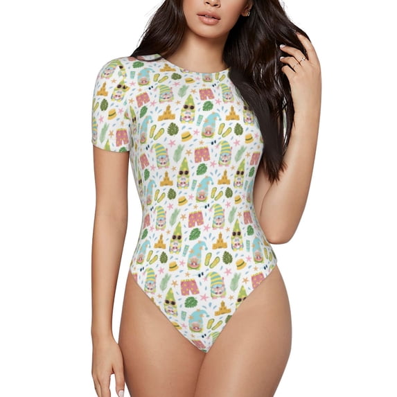 Haiem Summer Beach Gnomes Women's Crew Neck Short Sleeve Bodysuit Tops Stretchy Slim Basic-Medium