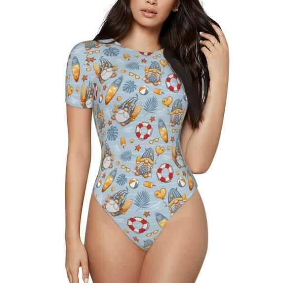 Haiem Summer Time With Gnome Women's Crew Neck Short Sleeve Bodysuit Tops Stretchy Slim Basic-Medium