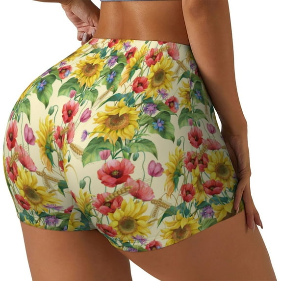 Haiem Sunflower Cornflower Poppy No Front Seam Biker Shorts for Women Yoga Workout Gym Bike Shorts with Tummy Control Moisture-Wicking-Medium