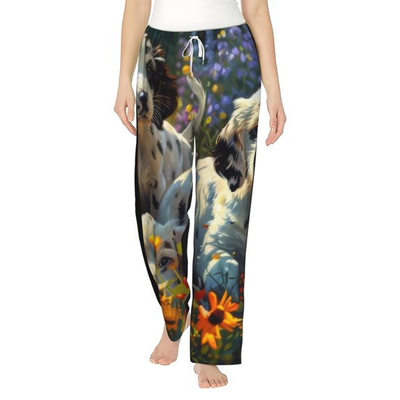 Haiem Sunflower Field Spotted Dog Women's Pajama Pants Ultra Lightweight Pjs Bottoms Sleepwear Bottom Pants With Pocket Drawstring-Large