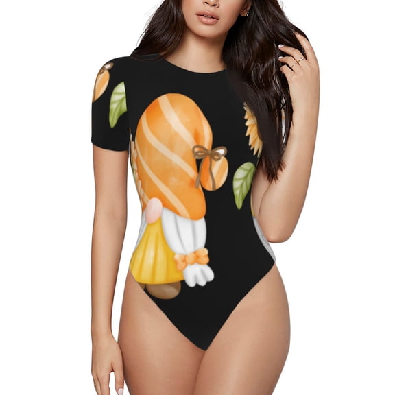 Haiem Sunflower Gnomes 5 Women's Crew Neck Short Sleeve Bodysuit Tops Stretchy Slim Basic-Small