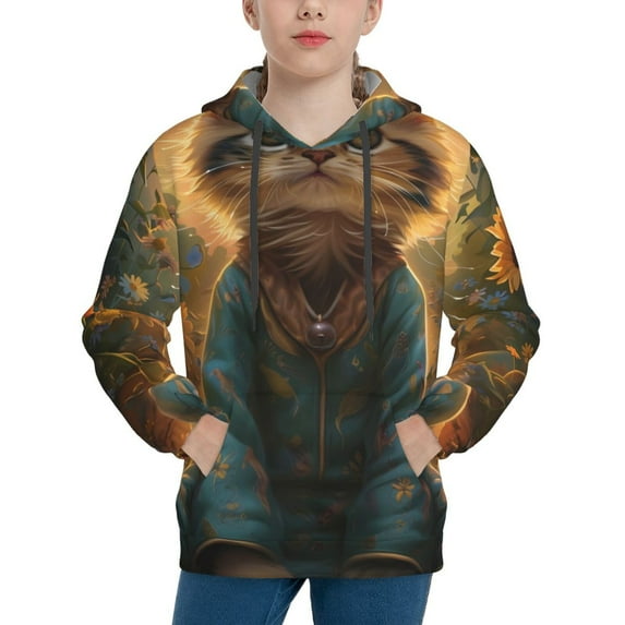 Haiem Sunflower Meditating Cat Pattern Boys Hoodie, Youth Pullover Hooded Sweatshirt, Kangaroo Pocket Hoodie for Kids Girls -Small