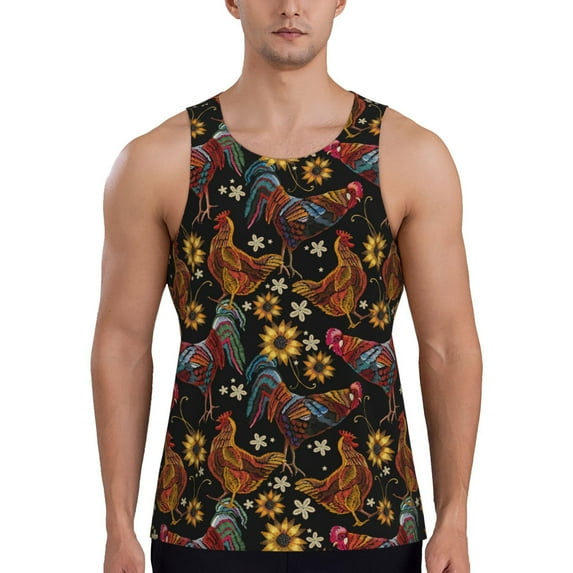 Haiem Sunflower Rooster Men Workout Tank Top Gym Bodybuilding Sleeveless Muscle T Shirts Athletic Tank Breathable Workout Shirt-Large