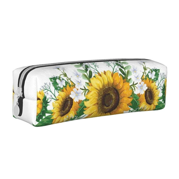 Haiem Sunflowers (2) Print Leather Pencil Case Art Supplies Case Zipper Pencil Pouch Stationery Storage Pencil Bag